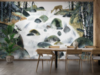 Contemporary forest landscape wall mural in soft green color wallpaper.