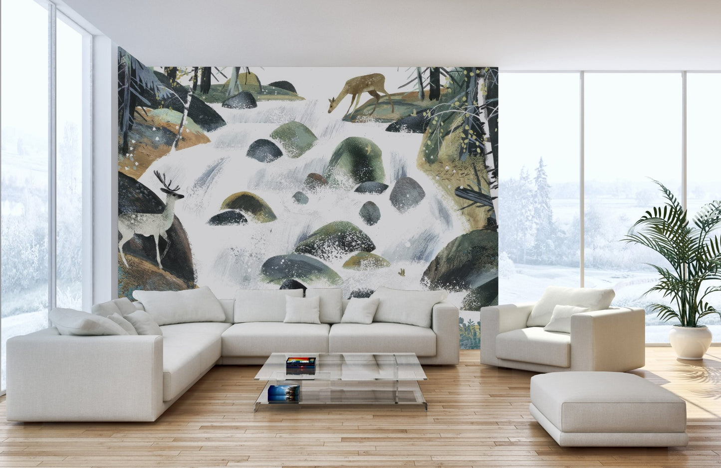Scandinavian style forest wildlife wall mural with river rocks wallpaper.