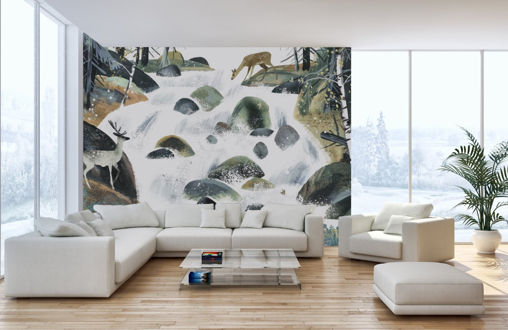 Scandinavian style forest wildlife wall mural with river rocks wallpaper.