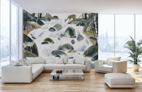 Scandinavian style forest wildlife wall mural with river rocks wallpaper.