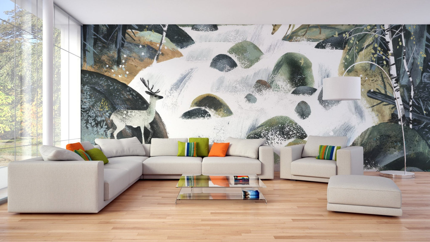 Modern woodland deer wall mural in earthy green and brown wallpaper.