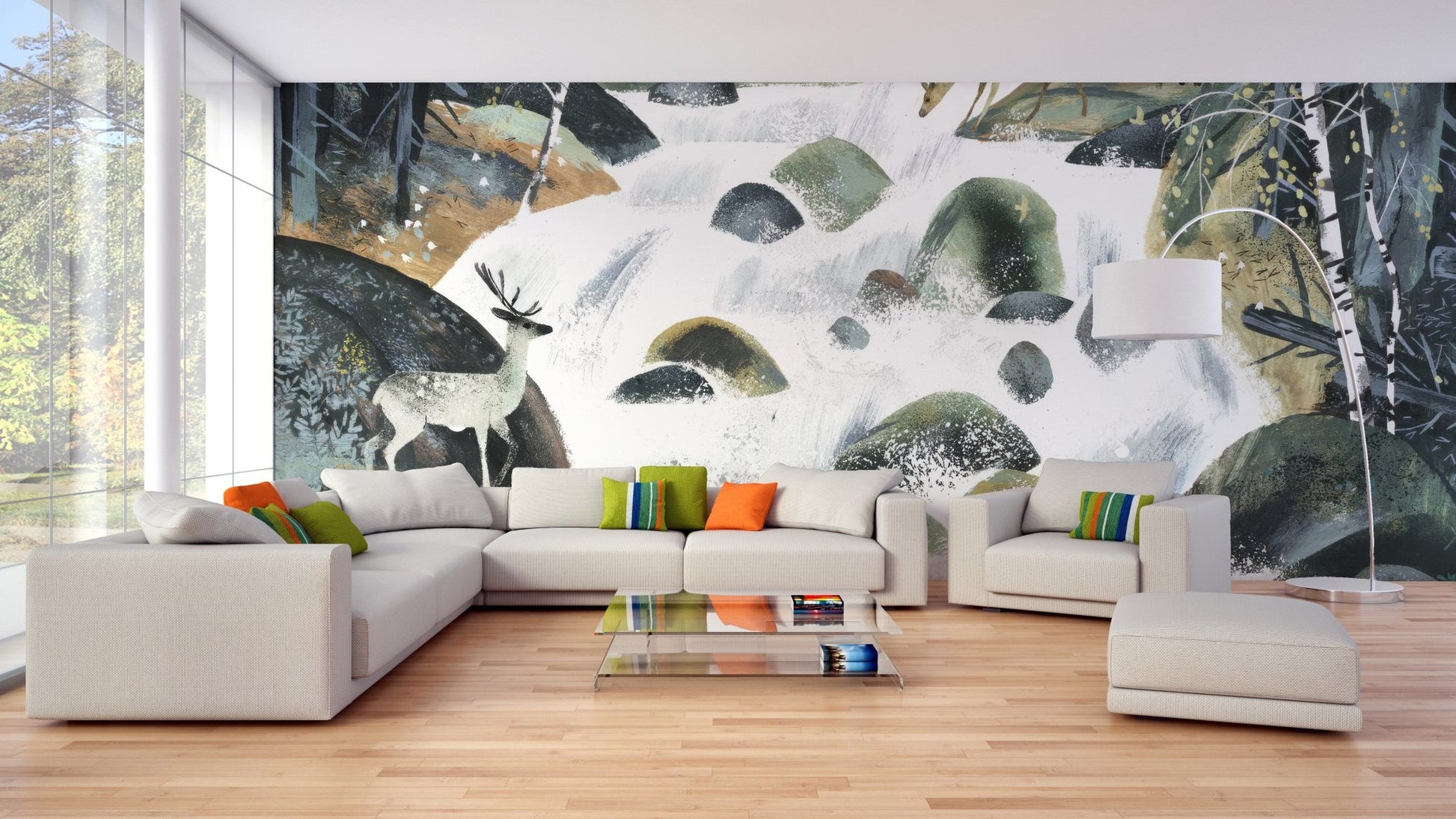 Modern woodland deer wall mural in earthy green and brown wallpaper.
