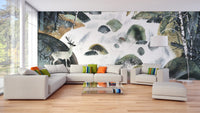 Modern woodland deer wall mural in earthy green and brown wallpaper.