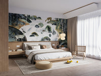 Rustic waterfall deer wallpaper with textured brush strokes wall mural.