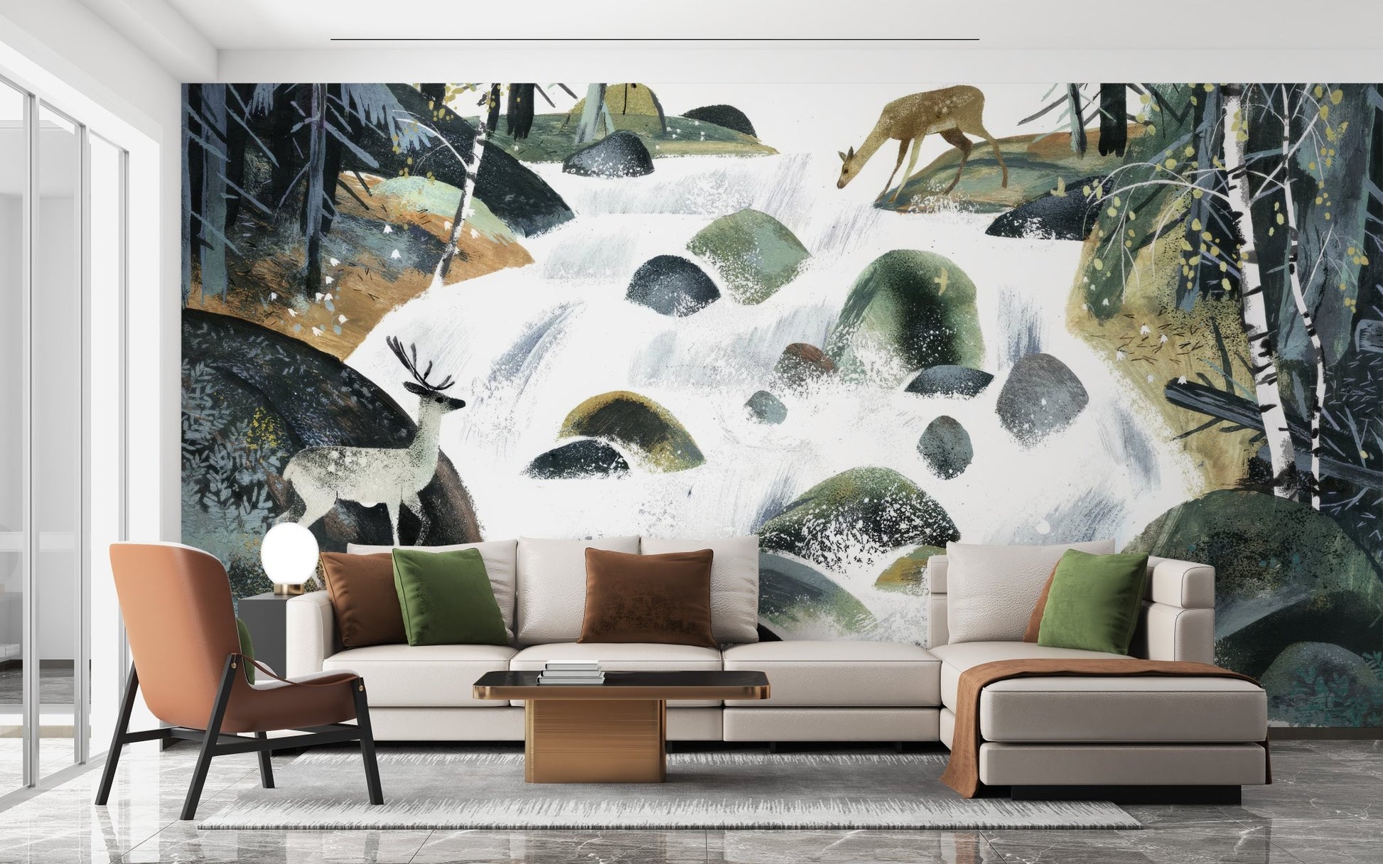 Textured watercolor forest wildlife wallpaper in modern wall mural.