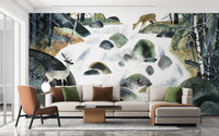 Textured watercolor forest wildlife wallpaper in modern wall mural.