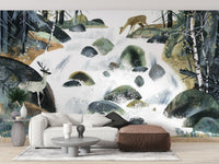 Calm forest waterfall wallpaper with deer and trees wall mural.