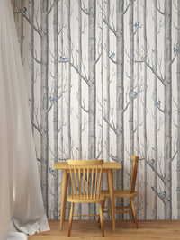 Forest White Background Scandinavian Style Wallpaper used for residential  dining wall styling.