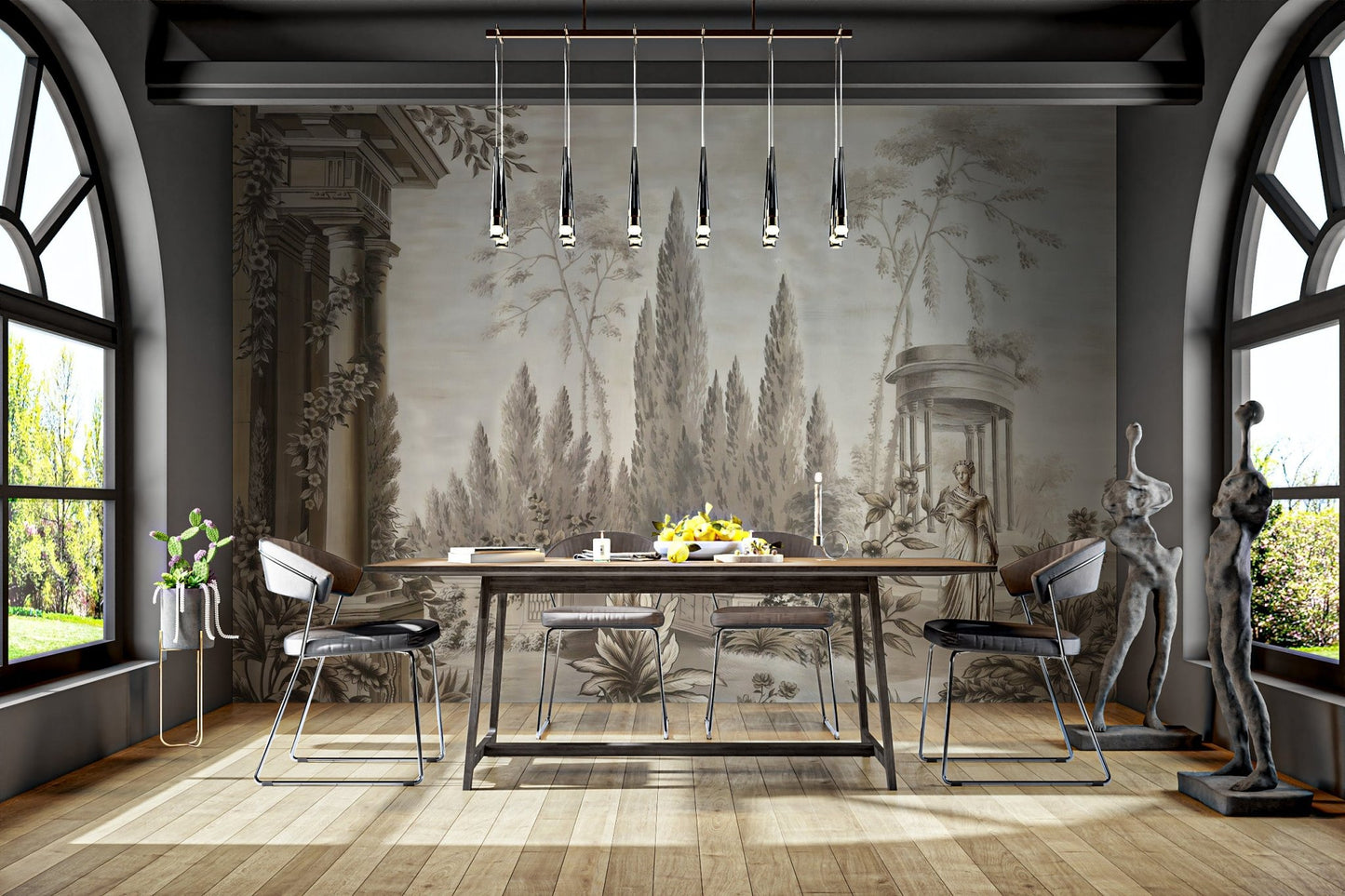Vintage style arboretum wall mural in an cafe with industrial lighting.