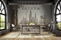 Vintage style arboretum wall mural in an cafe with industrial lighting.
