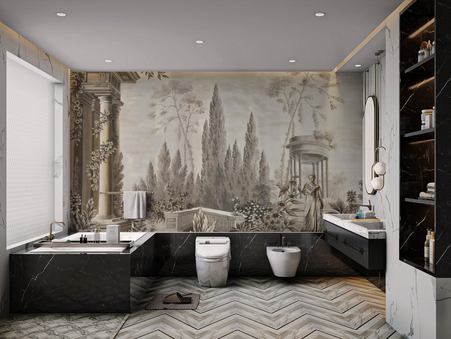 Fortified Dusky Arboretum wall mural in a contemporary bathroom setting.