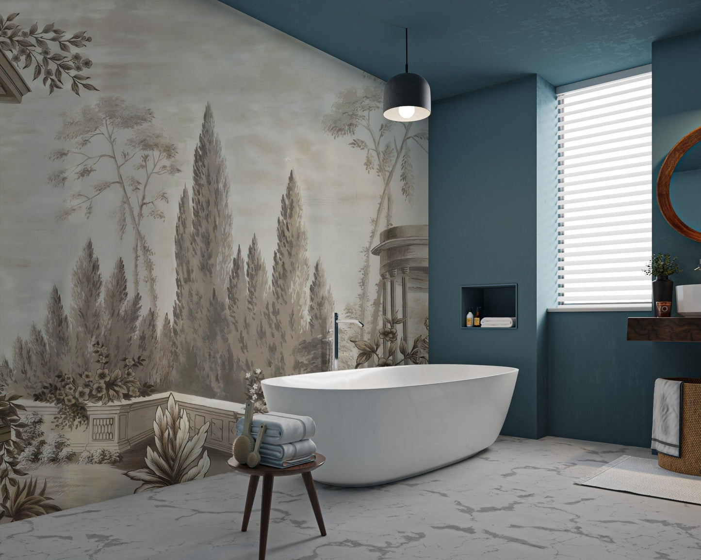 Fortified Dusky Arboretum wall mural in a bathroom with a white freestanding tub.