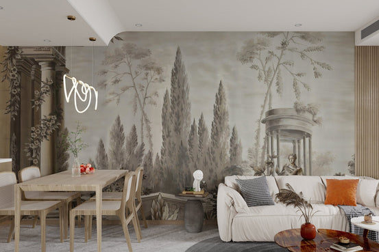 Neutral tone dusky wall mural in a dining room with wooden furniture.