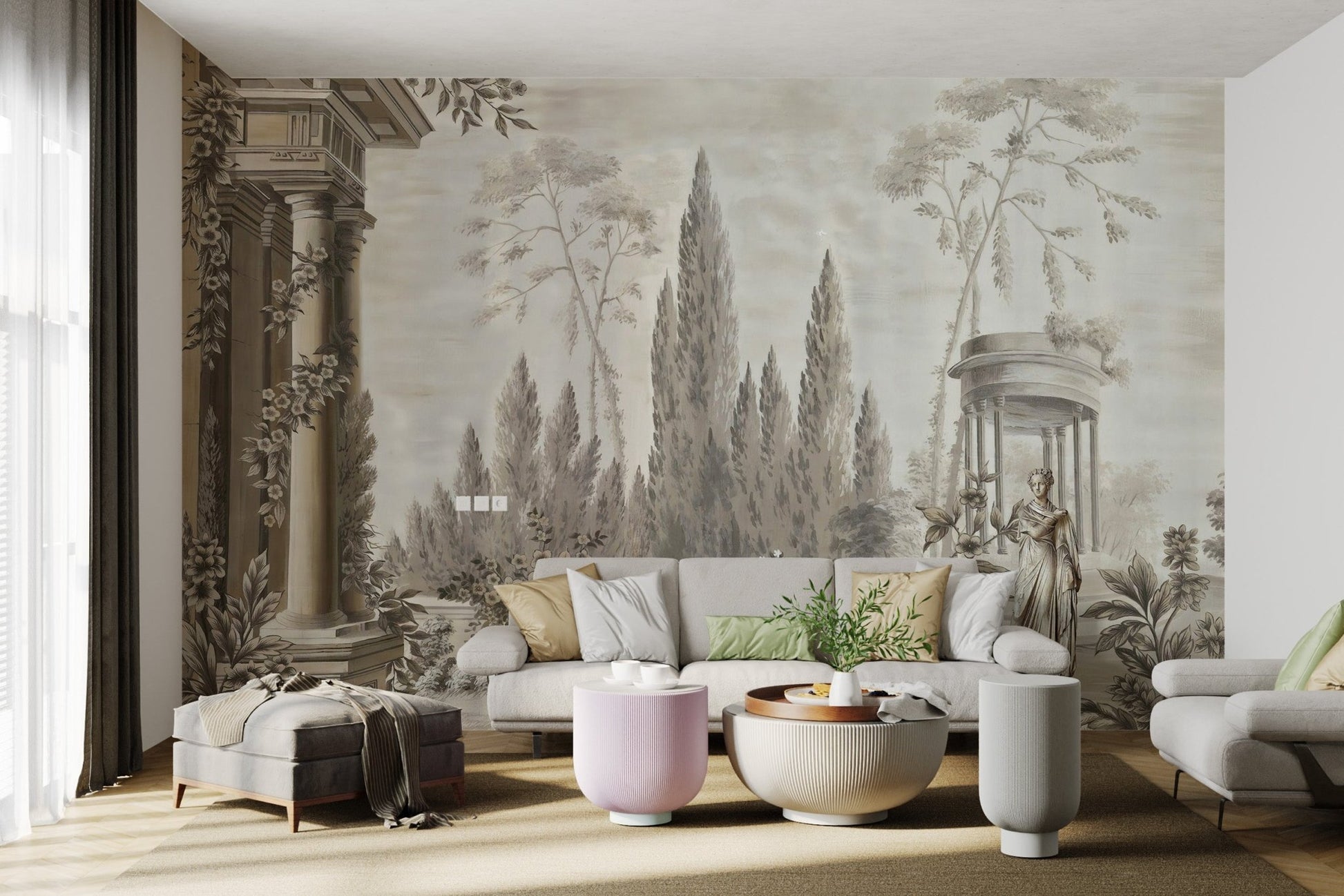 Arboretum wall mural with classical pillars in a minimalist sitting space.