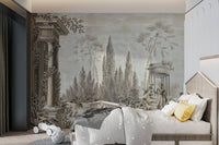 Sketch style dusky wall mural behind a white bed in a bright bedroom.