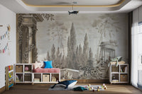 Grey fortified landscape wall mural featuring architectural ruins in a kids play area.