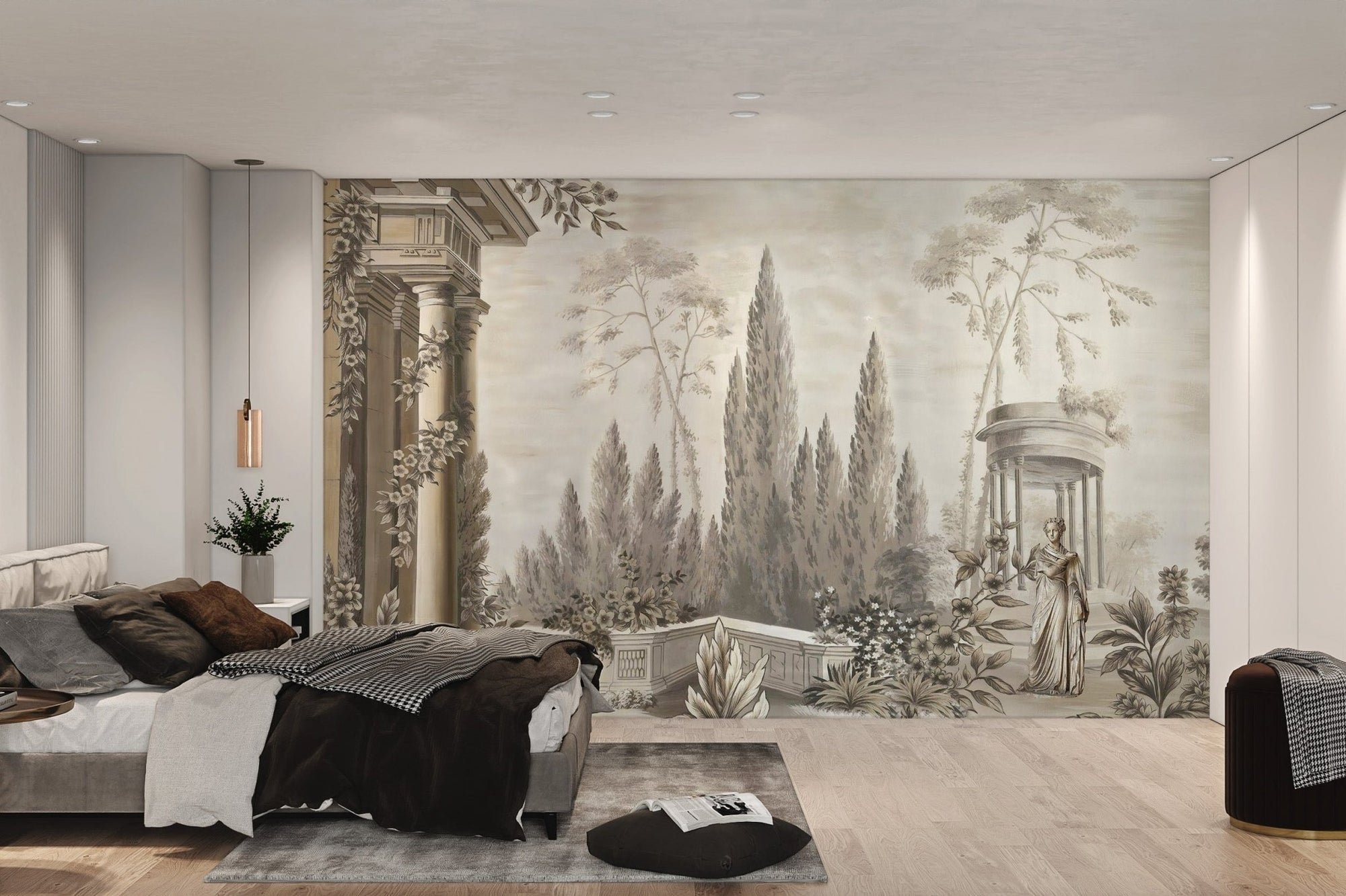 Fortified Dusky Arboretum wall mural in a modern bedroom with grey bedding.