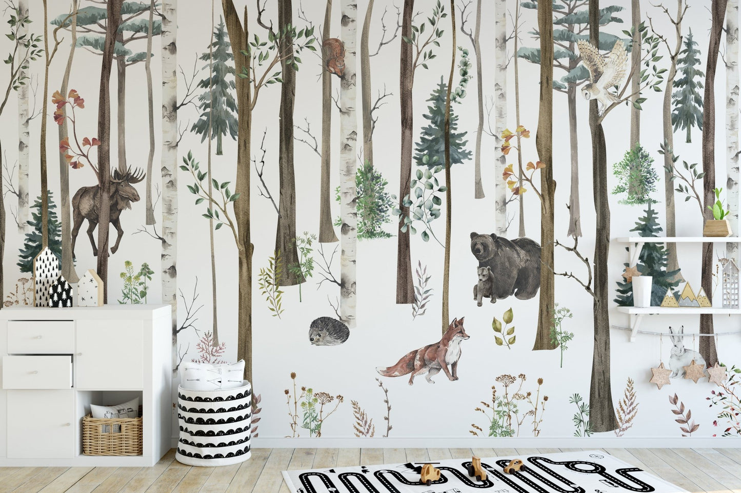 Fox & Bear in Snow Forest Wall Mural featuring pine trees in a playroom.