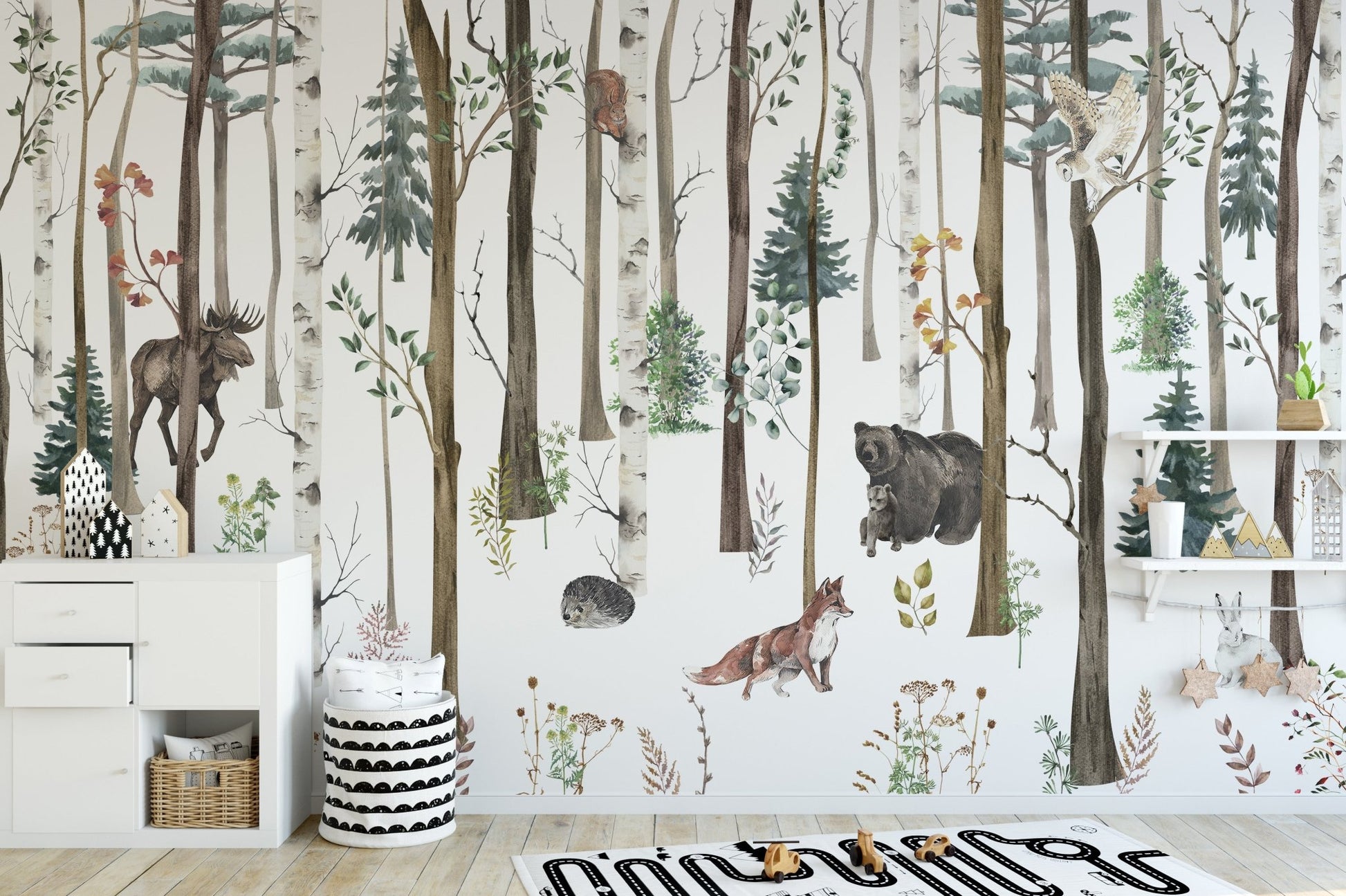 Fox & Bear in Snow Forest Wall Mural featuring pine trees in a playroom.