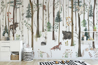 Fox & Bear in Snow Forest Wall Mural featuring pine trees in a playroom.