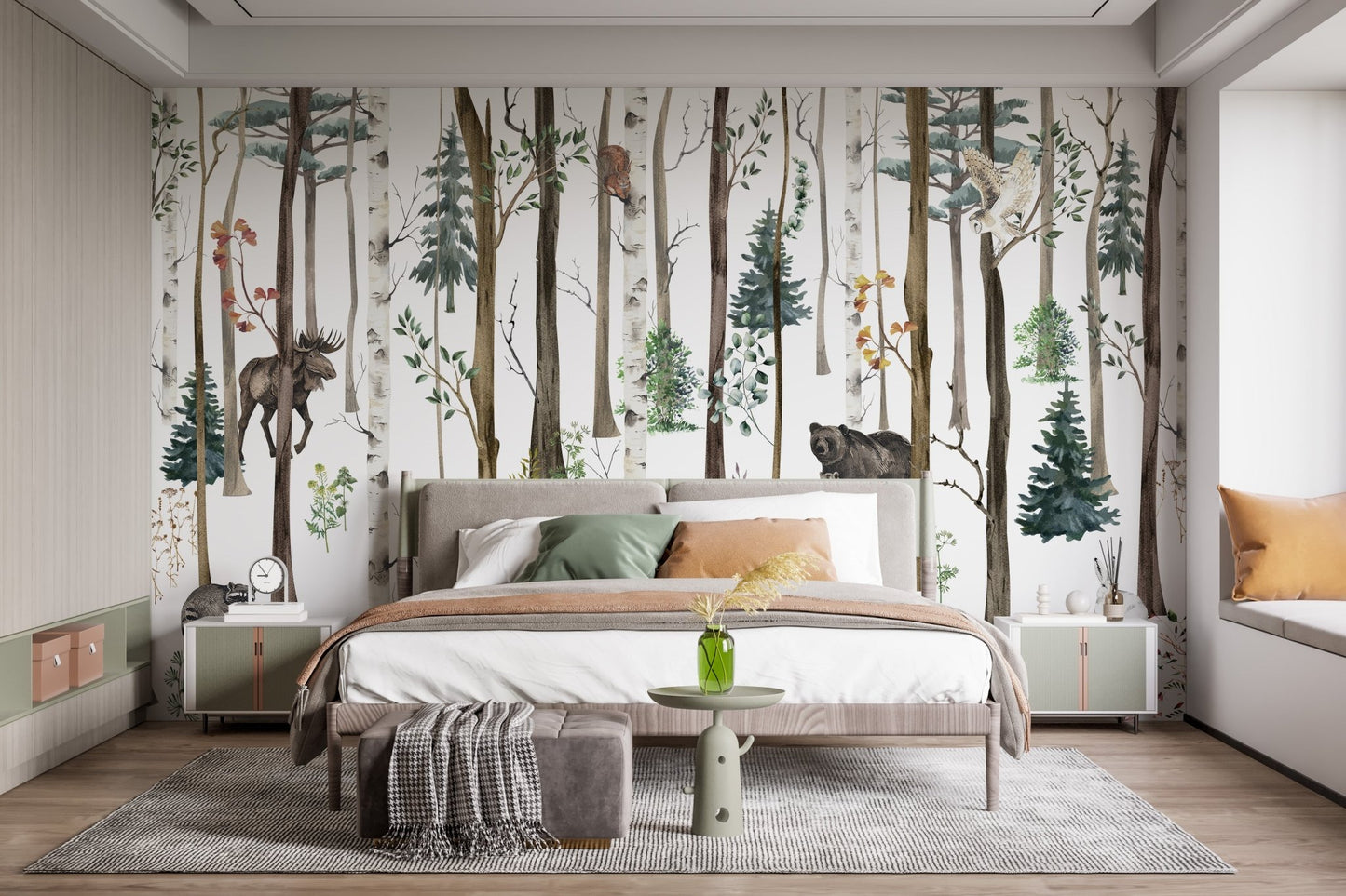 Fox & Bear in Snow Forest Wall Mural in modern bedroom.