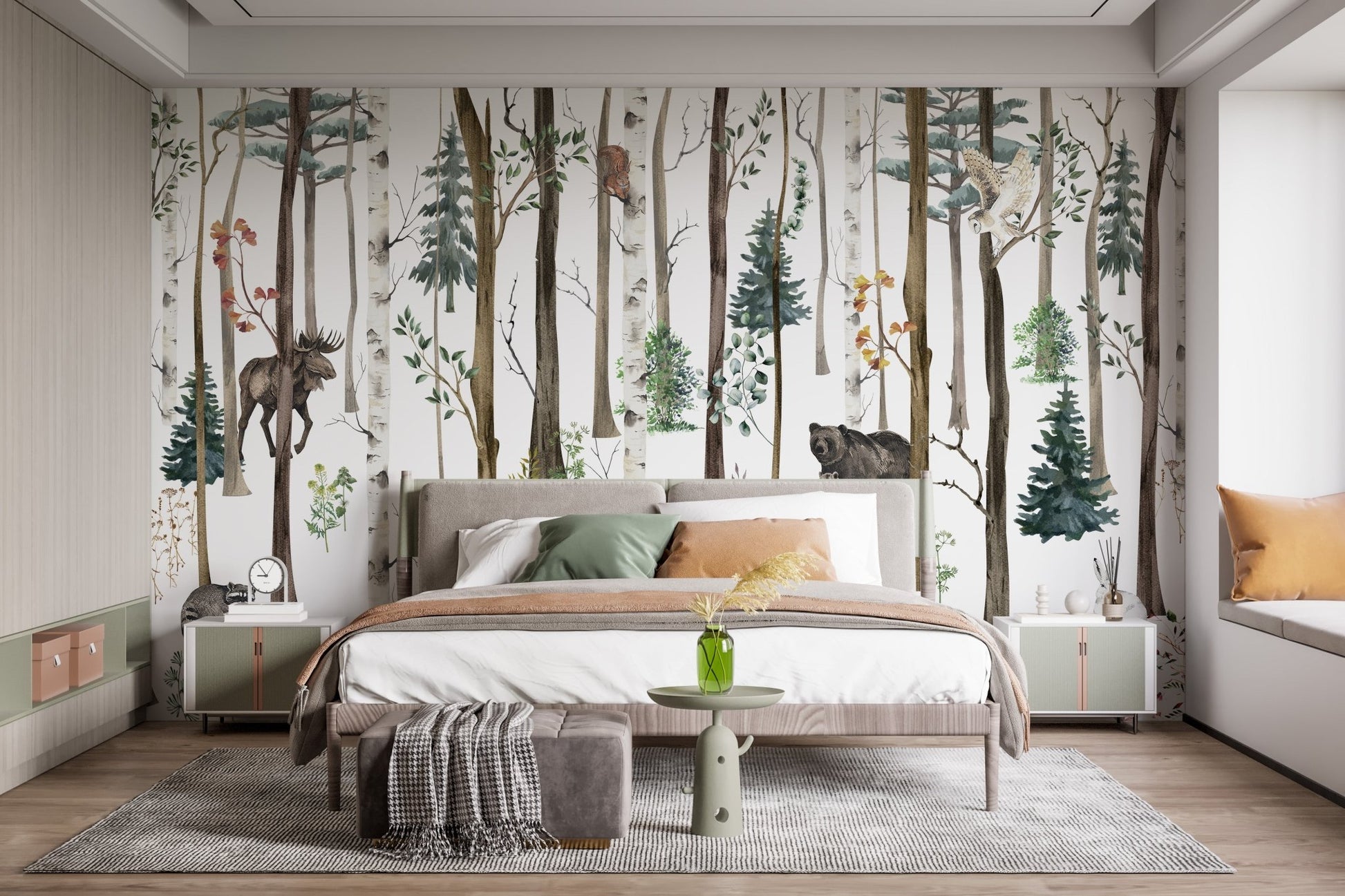 Fox & Bear in Snow Forest Wall Mural in modern bedroom.