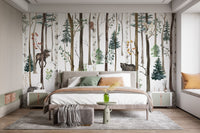 Fox & Bear in Snow Forest Wall Mural in modern bedroom.