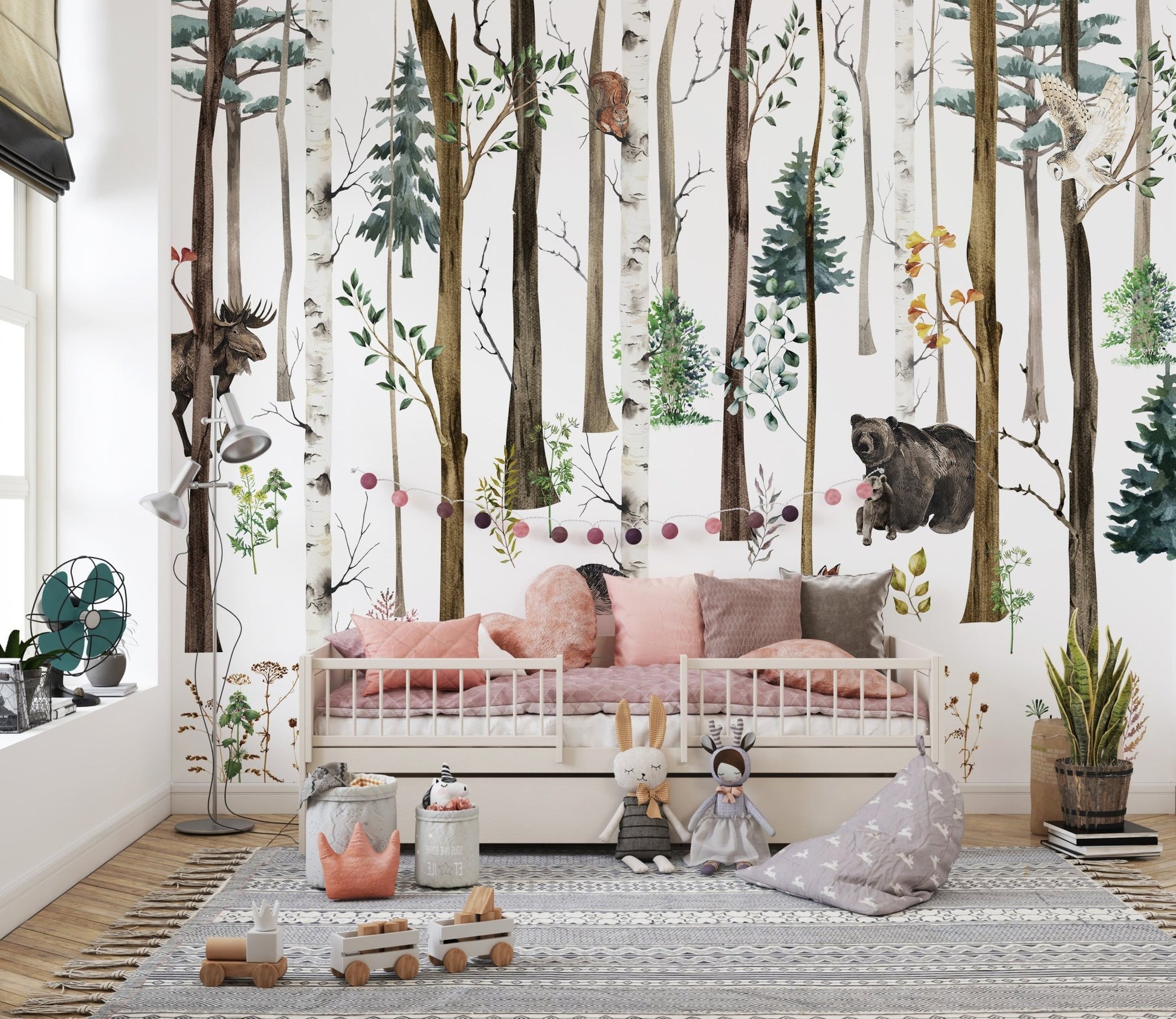 Nursery setting showing a Fox & Bear in Snow Forest Wall Mural.