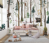 Nursery setting showing a Fox & Bear in Snow Forest Wall Mural.