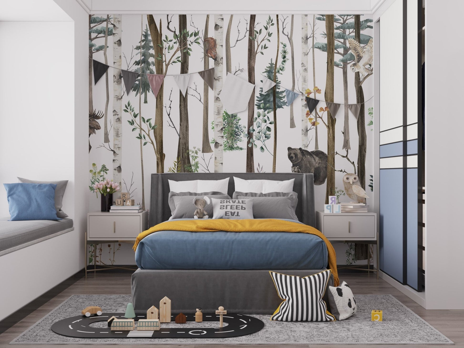 Modern kids bedroom featuring a forest wall mural with grey and green tones.