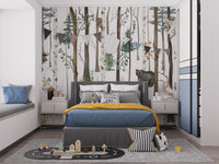 Modern kids bedroom featuring a forest wall mural with grey and green tones.