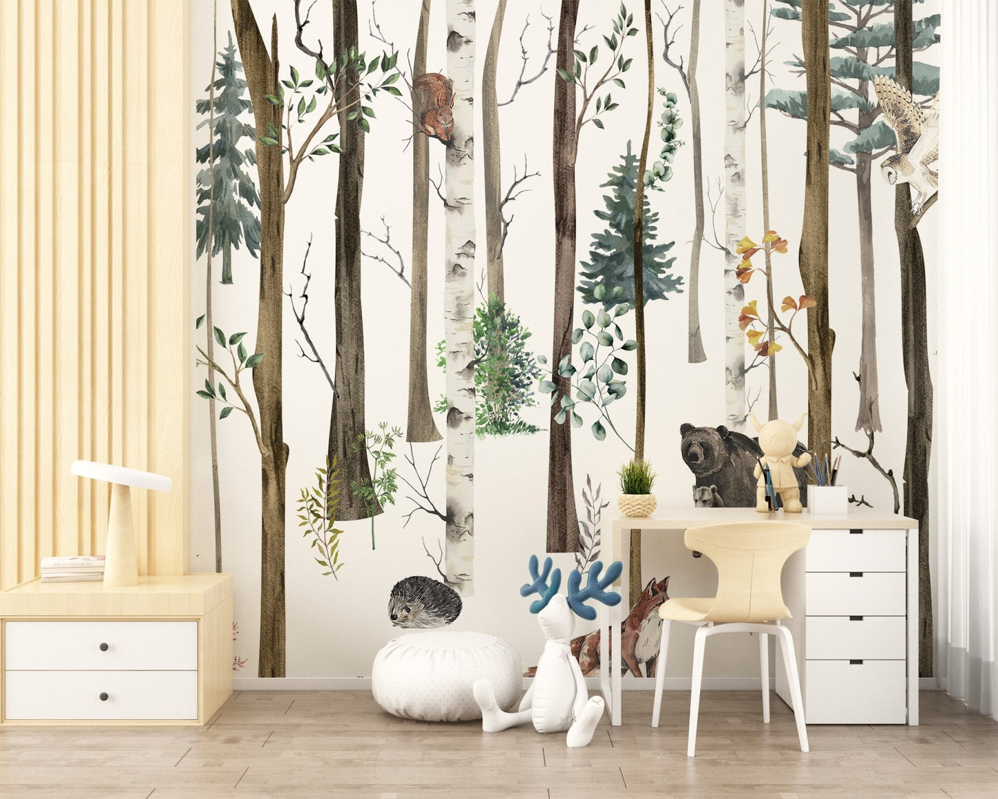 Study desk for kids featuring a Fox & Bear in Snow Forest Wall Mural.