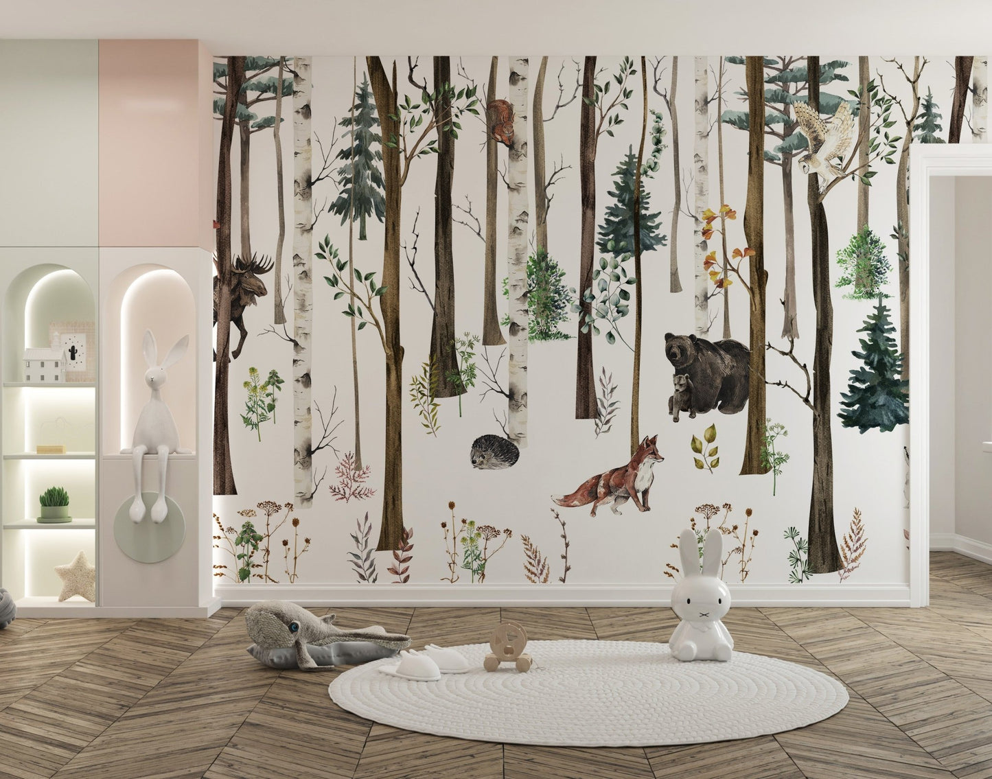 Minimalist playroom with a forest animal wall mural.