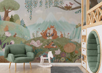 Fox Family Wall Mural with a green armchair and white rocking horse in a nursery.