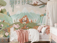 Nursery wall mural with fox characters, pink flowers, and a white canopy bed.