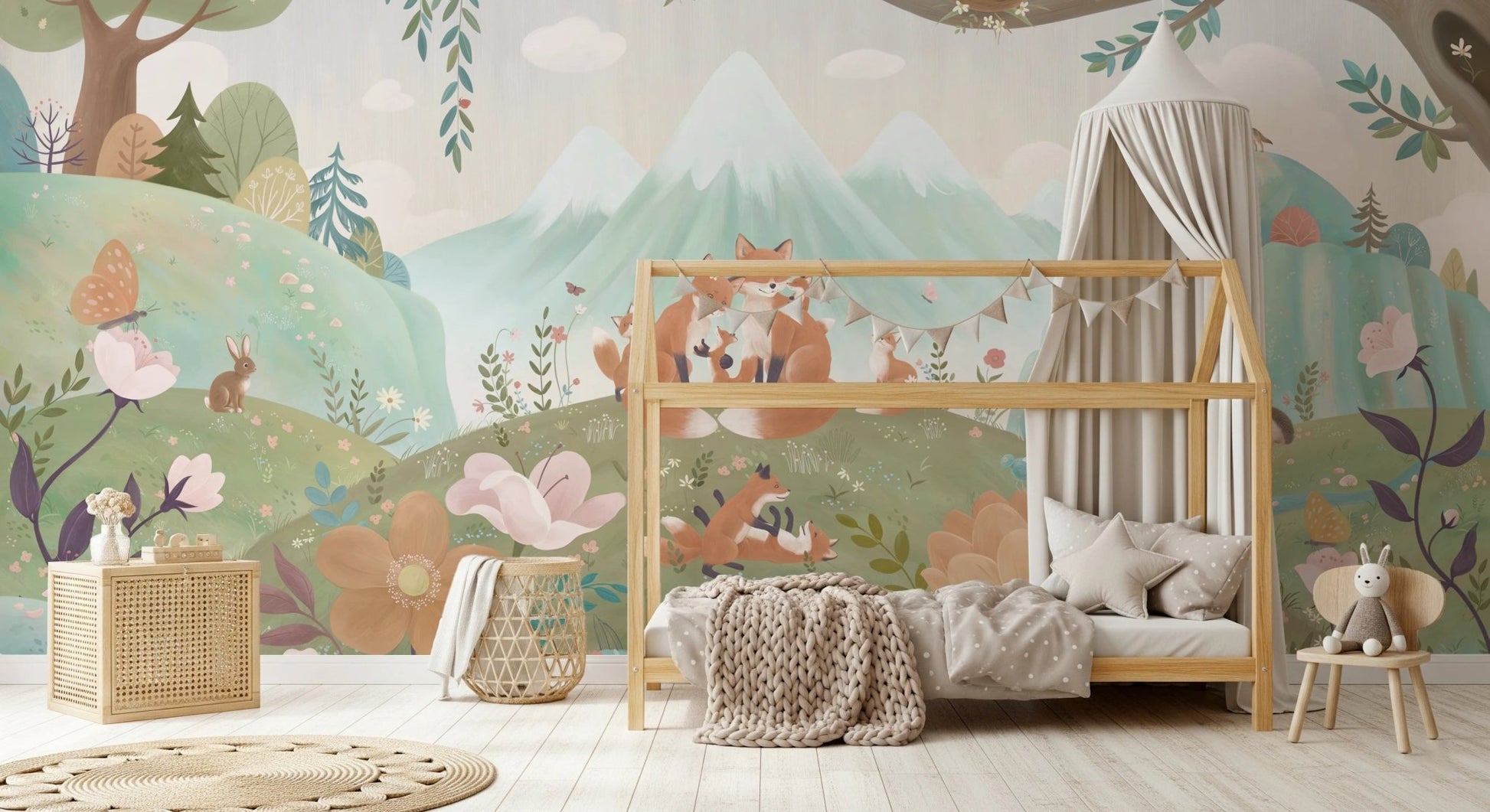 Toddler bed set against a Fox Family Wall Mural with hanging willow branches.