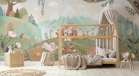 Toddler bed set against a Fox Family Wall Mural with hanging willow branches.