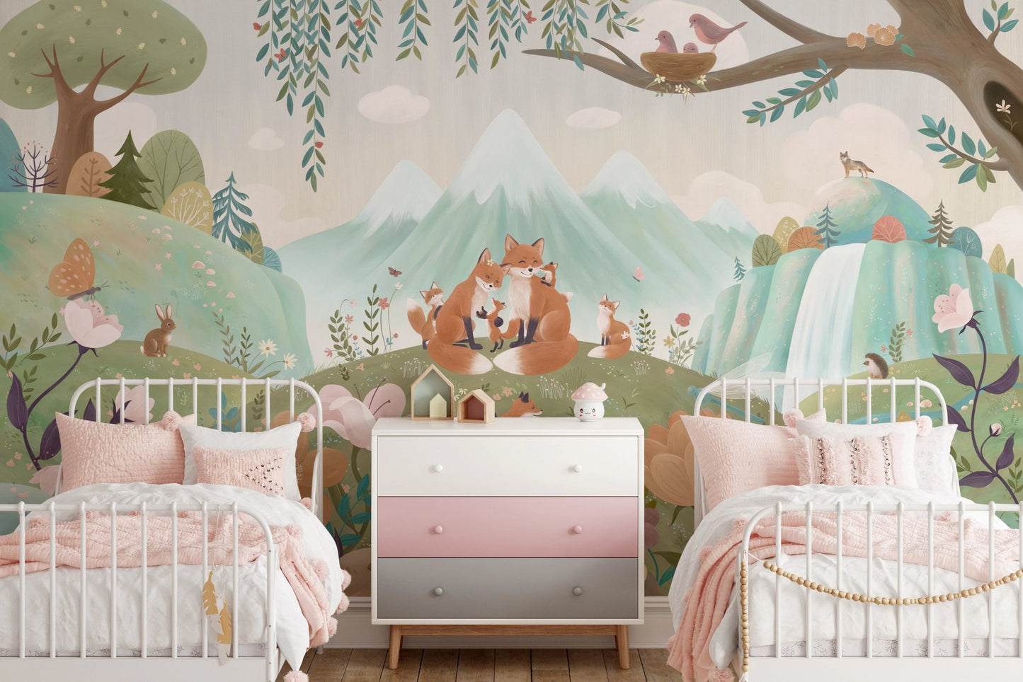 Symmetrical twin beds in a kids room with a fox family wall mural.