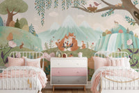 Symmetrical twin beds in a kids room with a fox family wall mural.