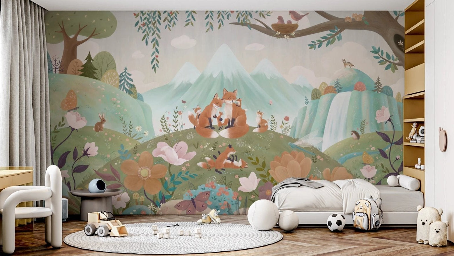 Fox Family Wall Mural in a wide bedroom layout with a low bed and white rug.