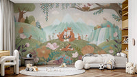 Fox Family Wall Mural in a wide bedroom layout with a low bed and white rug.