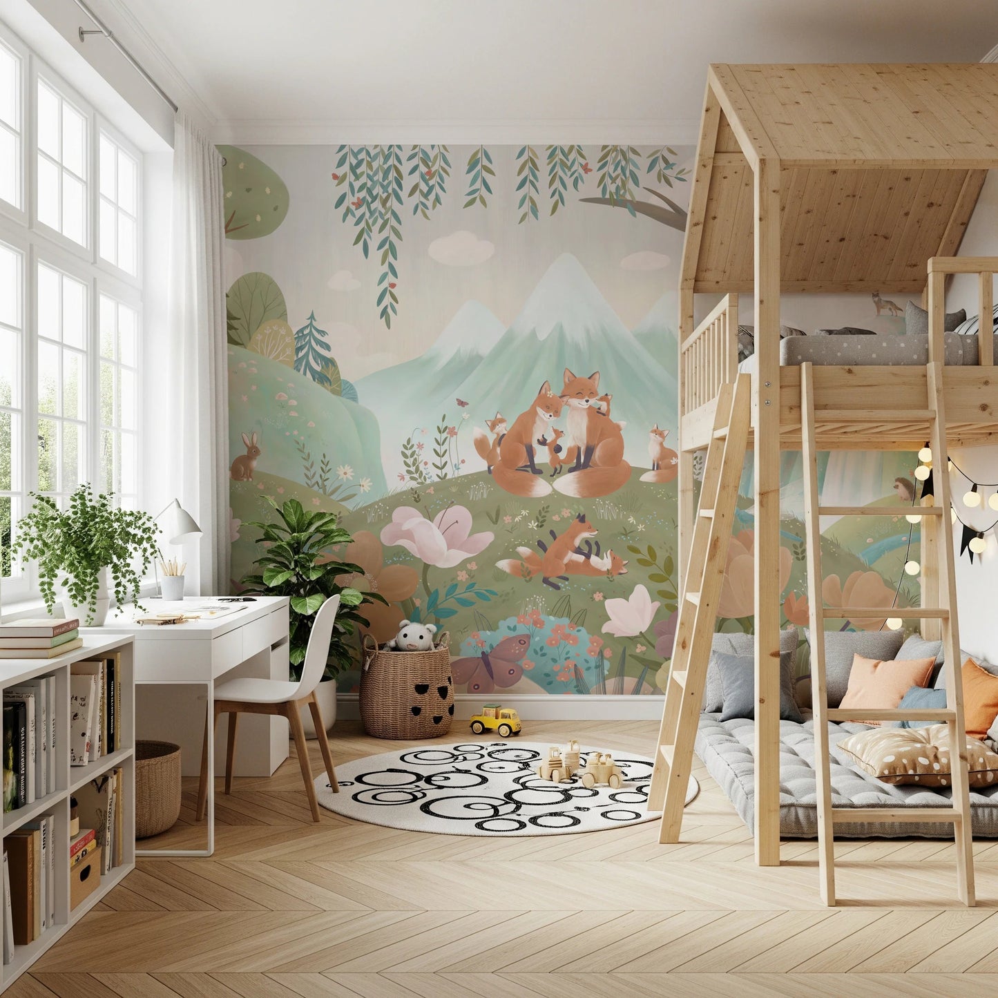 Fox Family Wall Mural behind a wooden bunk bed and floor cushions in a bedroom.
