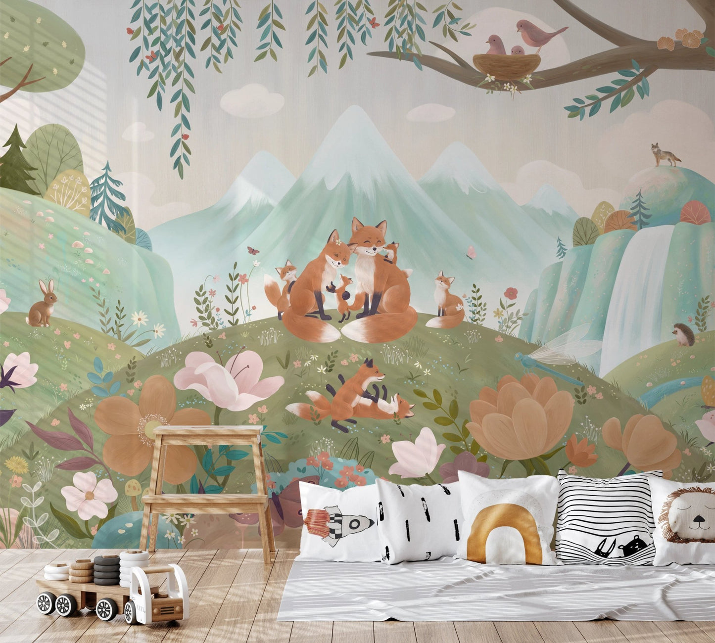 Kids playroom wall mural showing foxes in a forest with pastel green hills.