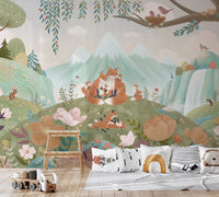 Kids playroom wall mural showing foxes in a forest with pastel green hills.