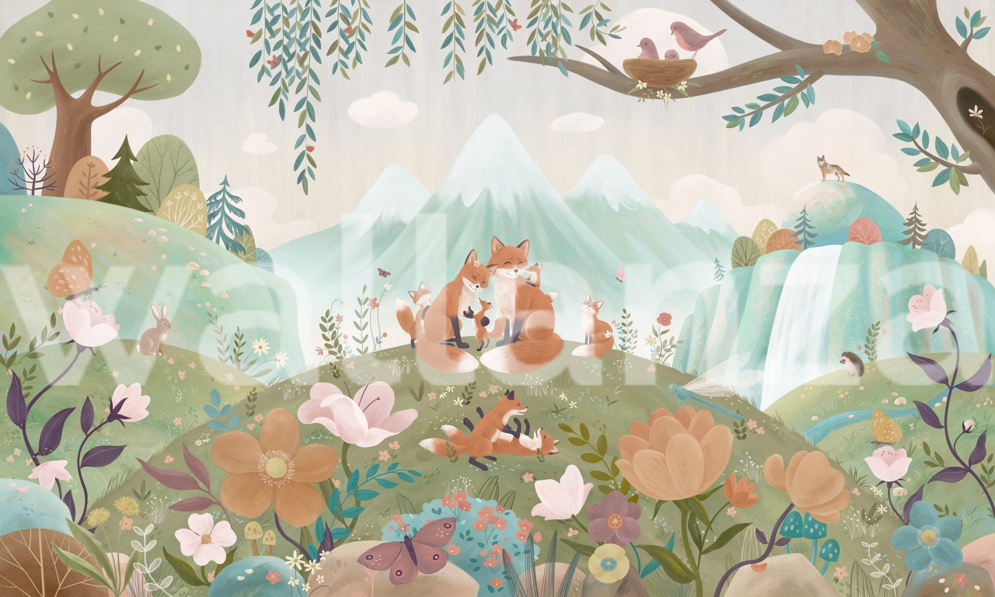 Full view of a forest-themed wall mural showing fox families and blue peaks.