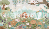 Full view of a forest-themed wall mural showing fox families and blue peaks.