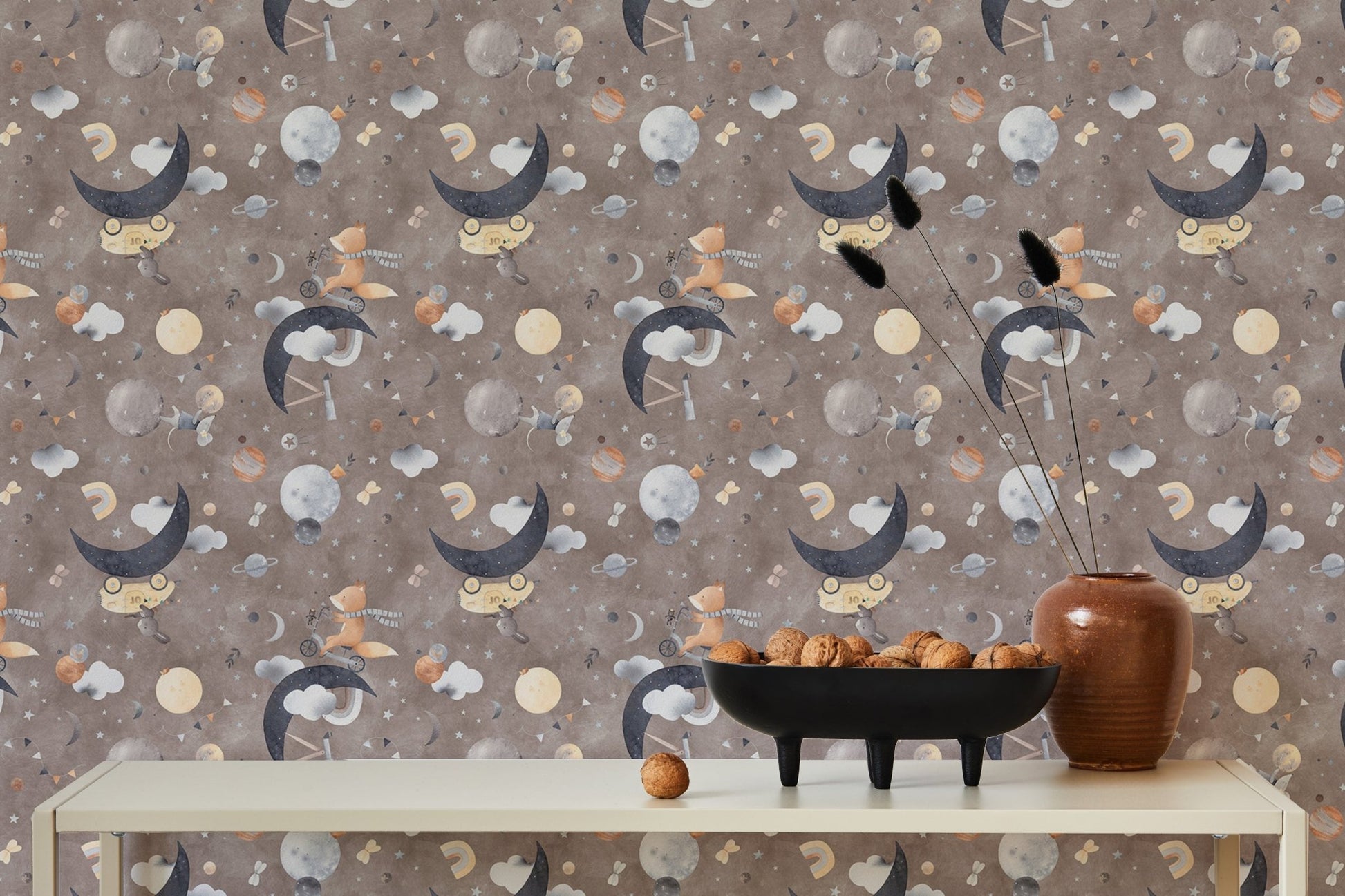 Fox Mouse in Space Dark Brown wallpaper in minimalist dining area setting.