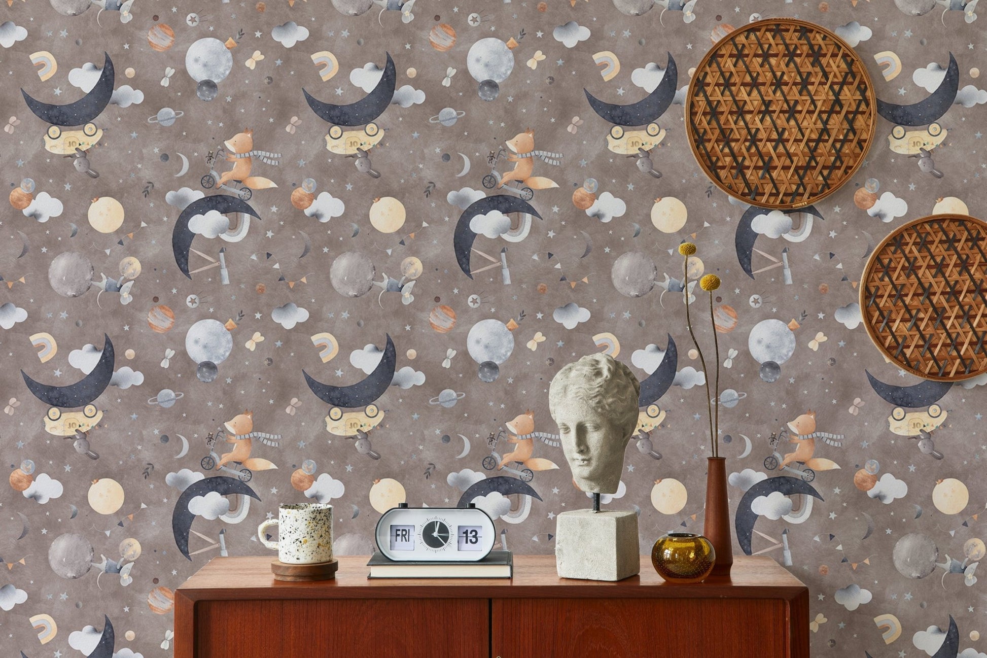 Space themed animal wallpaper behind vintage wooden cabinet in hallway.