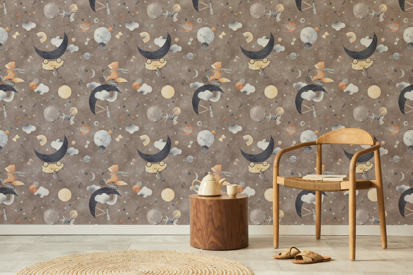 Dark brown cosmic animal wallpaper in living room with wooden chair and rug.