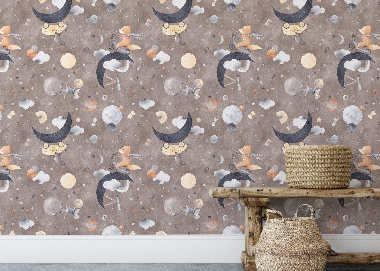 Fox Mouse in Space Dark Brown wallpaper behind wooden bench and baskets.